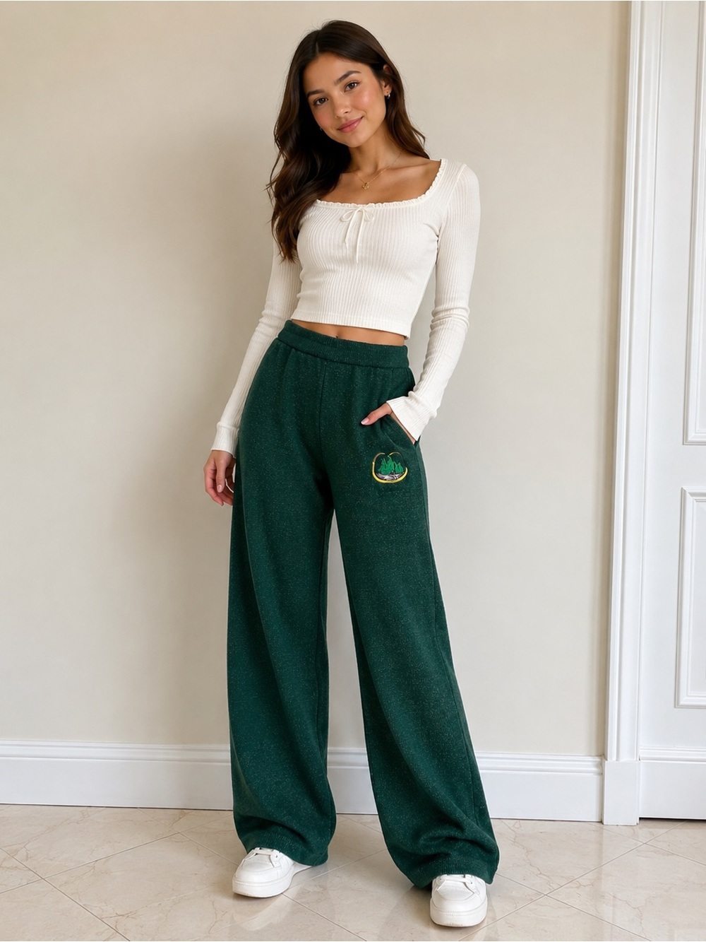 Wicked and Katie Kim Embroidered Green Wide Leg Pants Large
